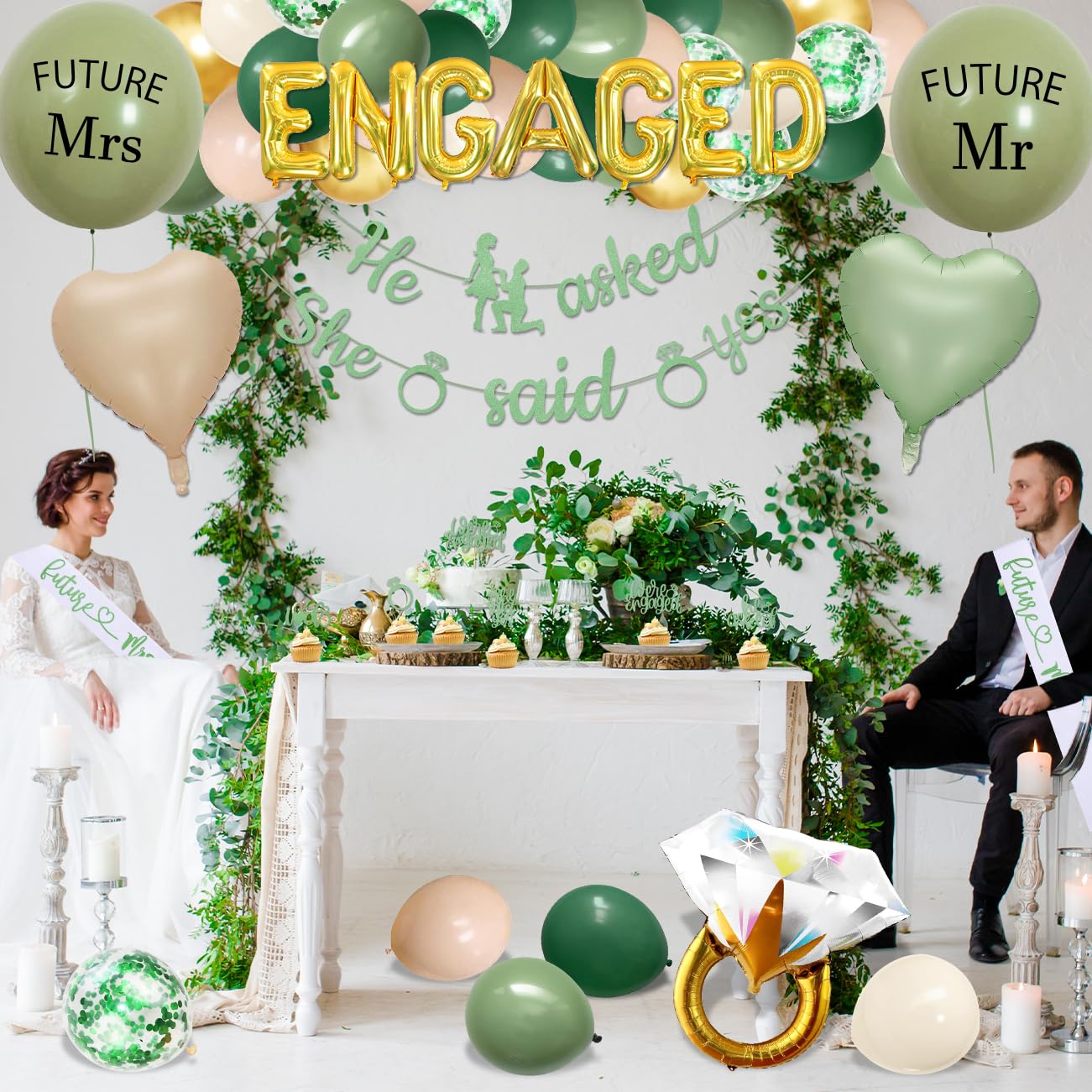 Sage Green Engagement Party Decorations, She Said Yes Decorations Banner Future Mr and Mrs Balloons for Just Engaged Decor, Sage Green Balloons for Bridal Shower Decorations