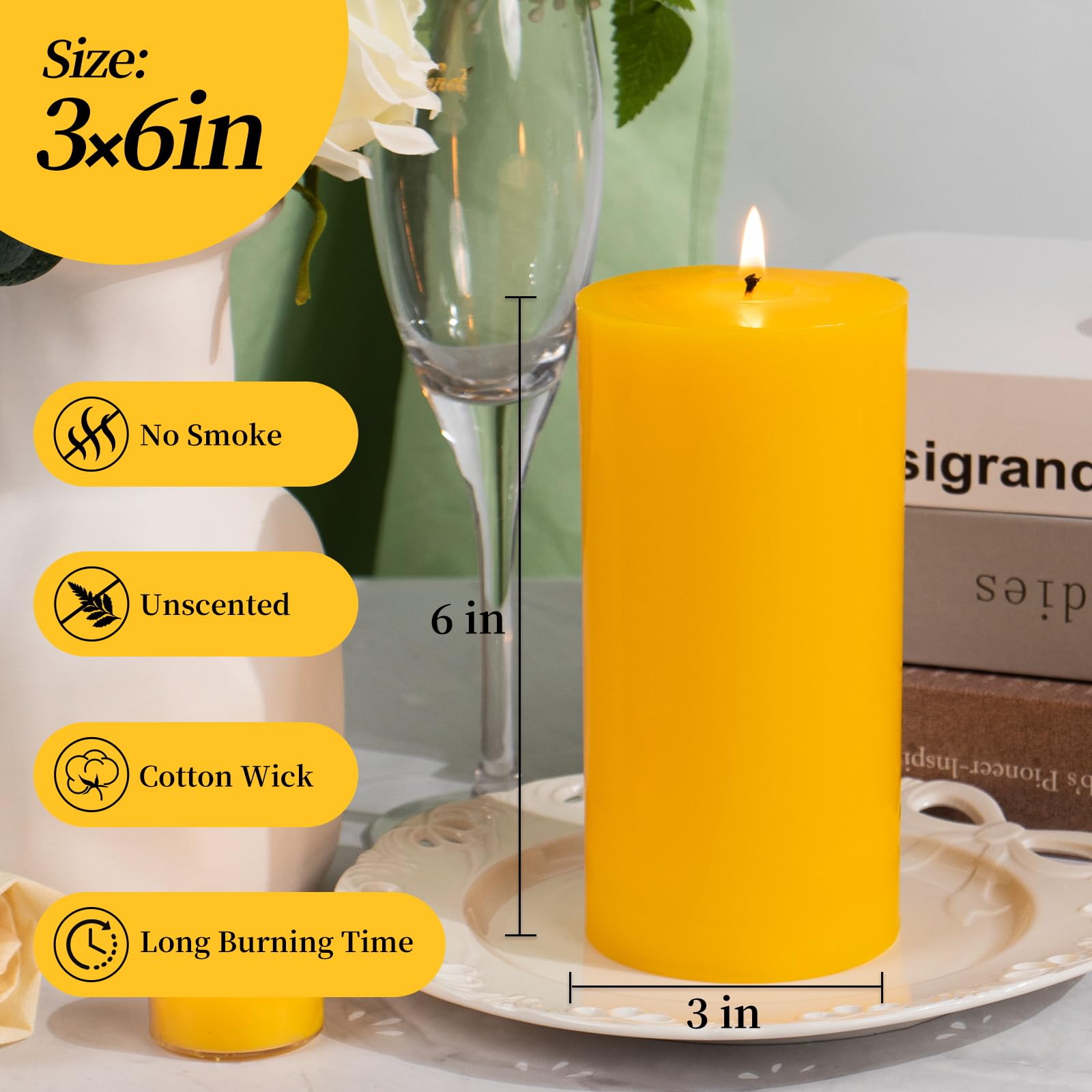 KONNI Yellow Pillar Candles Set of 3, 3"x 6" Unscented Pillar Candles Bulk, 56 Hours Long Burning Candles, Smokeless&Dripless Large Round Candle for Wedding, Home Decoration, Parties, Spas, Dinner