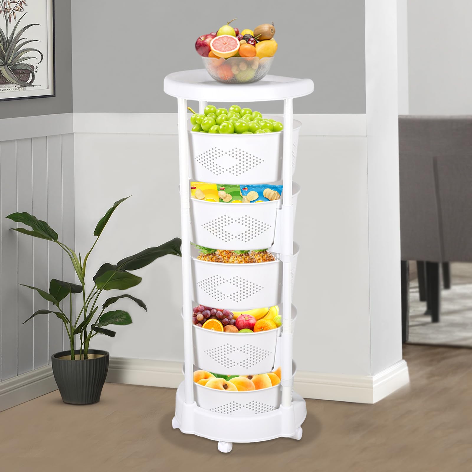 QIUTMER Rotating Storage Rack 5 Tiers Round Rotating Fruit and Vegetable Basket Kitchen Storage Rack with Universal Wheels White for Living Room Kitchen Laundry Room Craft Room Bathroom