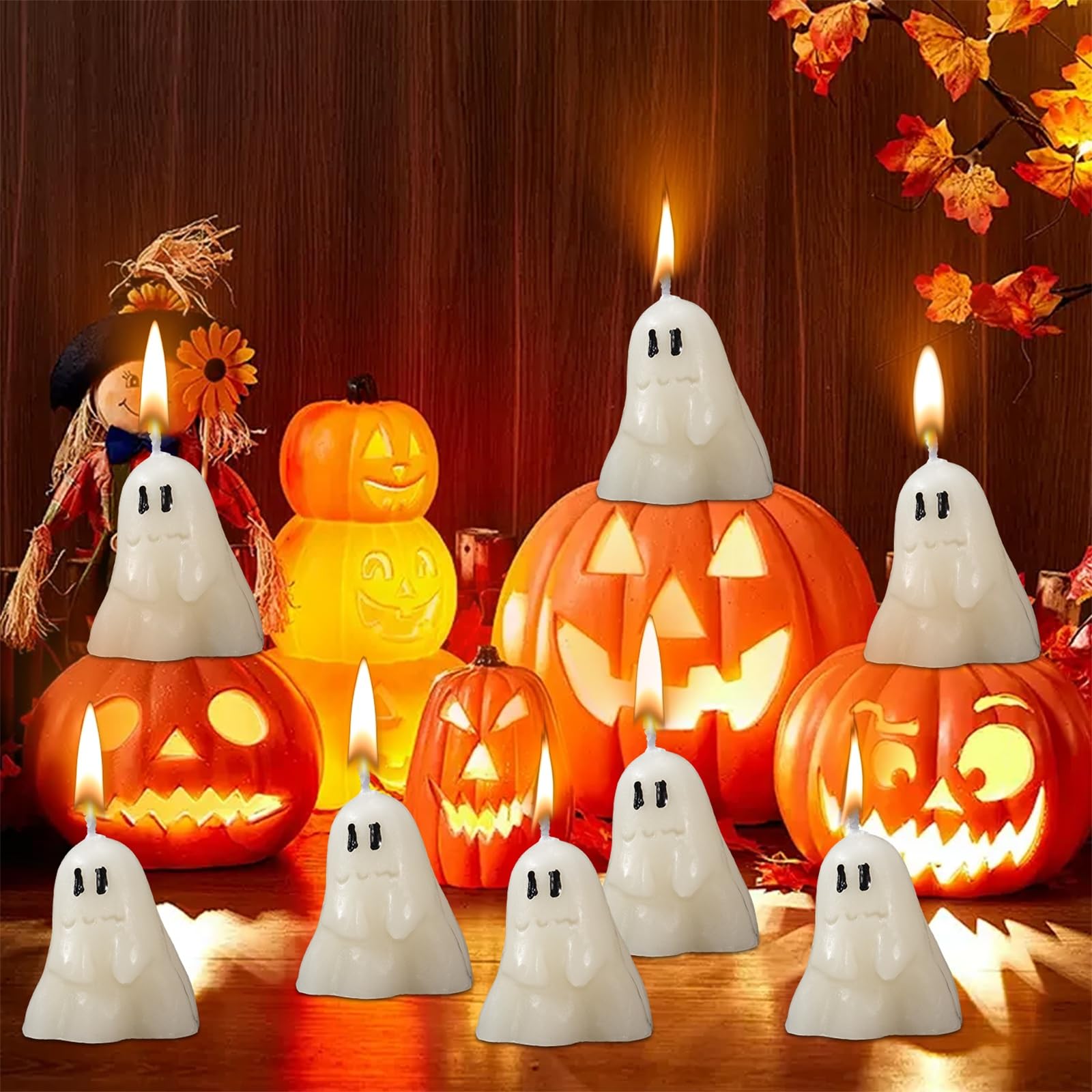 Asbondy 6 Pcs Halloween Ghost Candles, Cute Ghost Decorative Candle Set, Burning Candles, White Soy Wax Horror Candles for Halloween Party and Table Decorations