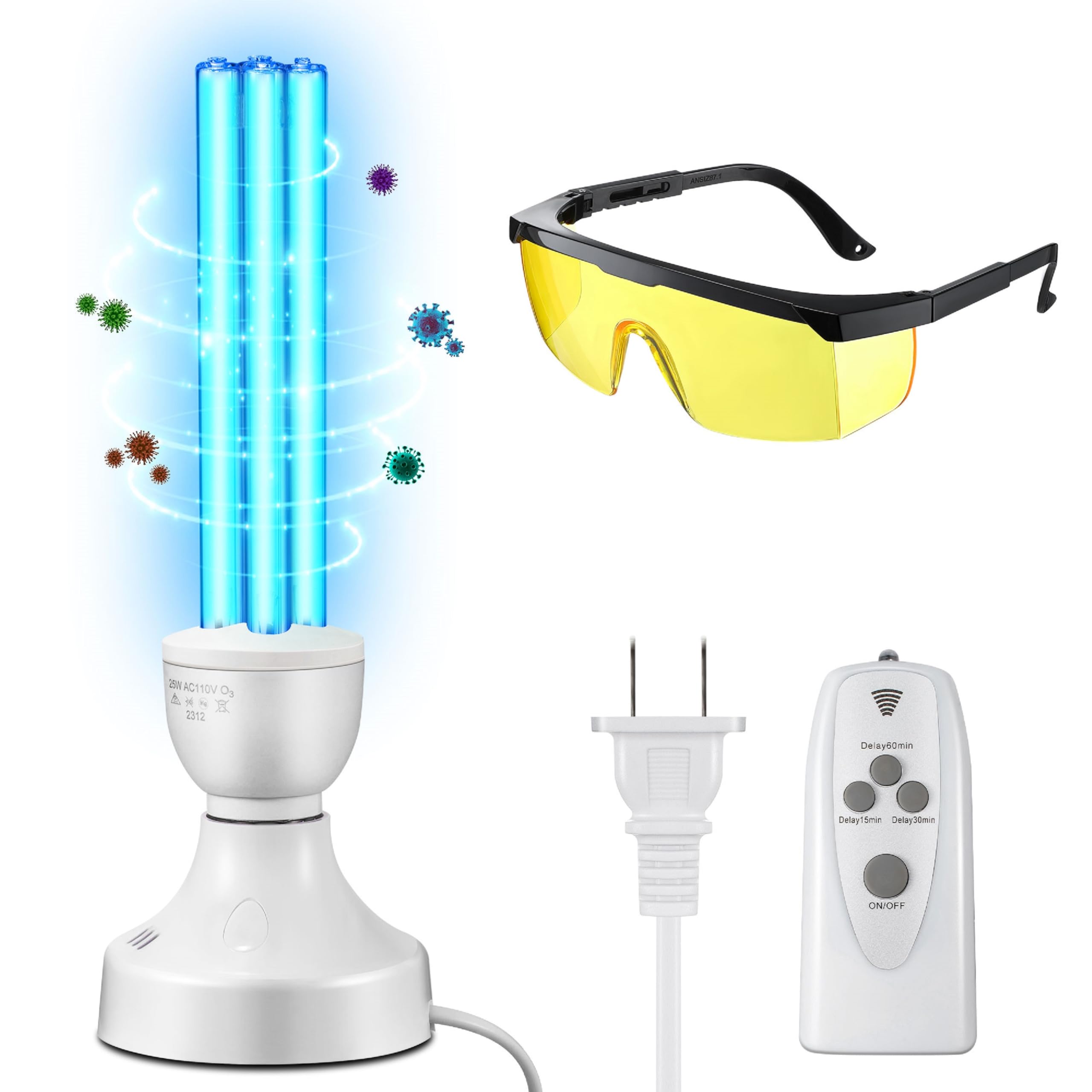 Qualirey 25 Watt UV Light Sanitizer, UVC Lamp with E27 Base and Remote Control and UV Protection Glasses, UV Light Bulb for Basement, Bedroom, Kitchen, with Ozone