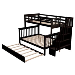 Harper & Bright Designs Twin Over Full Bunk Beds with Twin Size Trundle and Stairs, Wooden Bunk Bed with Storage & Guard Rail for Bedroom, Dorm, for Teens, Adults, Espresso