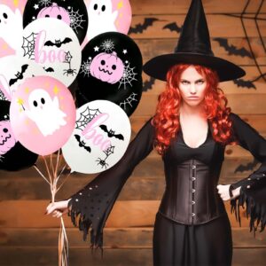 Happy Halloween Balloons, Halloween Pink White and Black Latex Balloons with Cute Ghost, Pink Pumpkin, Black Bat Designs for Halloween Party Favors, Baby Shower, Halloween Birthday Party Decorations