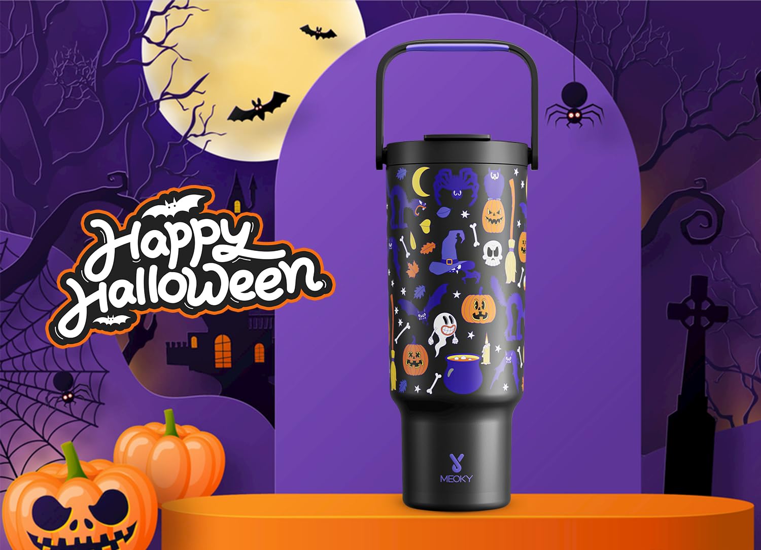 Meoky 40 oz Halloween Tumbler with Handle and Straw, Glow in the Dark Insulated Water Bottle, Stainless Steel Travel Mug, Keeps Cold for 34 Hours, Fits in Car Cup Holder (Haunted Pumpkin)