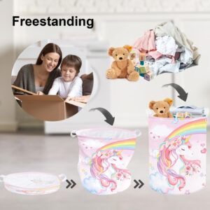 Clastyle Large Rainbow Unicorn Kid Laundry Hamper for Girl Collapsible Pink Flower Clothes Toy Storage Basket with Lid for Nursery