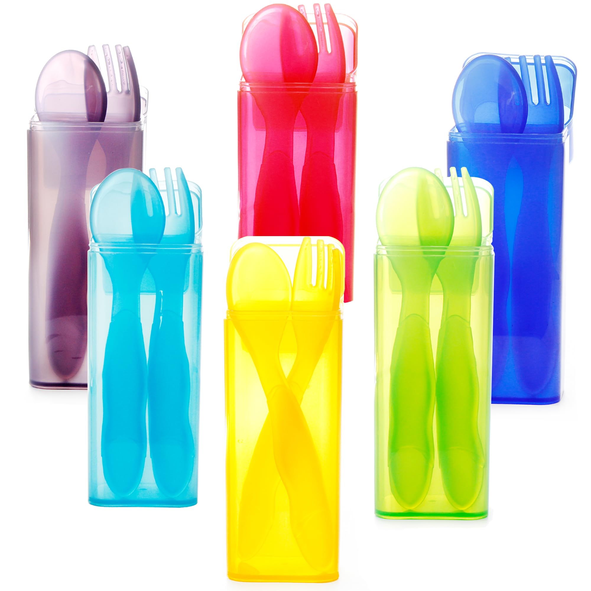 Youngever 6 Pack Plastic Toddler Utensils with Case, Plastic Kids Forks Kids Spoons, Large Size, Top Dishwasher Safe, Set of 6 in 6 Rainbow Colors