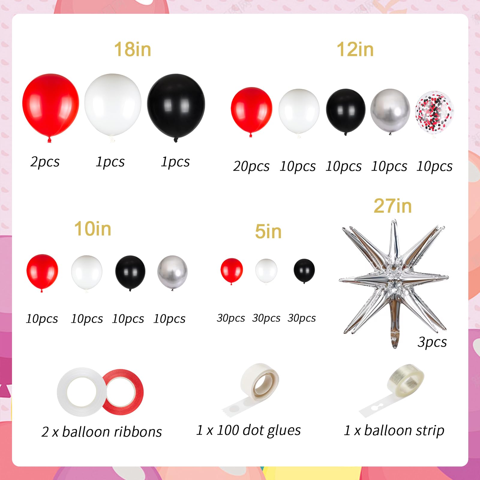 201pcs Red Black White Balloons Garland Kit, Confetti Latex Party Balloons with 27inch Big Silver Starburst foil Balloons for Birthday Graduation Racing Car Poker Card Decorations Supplies