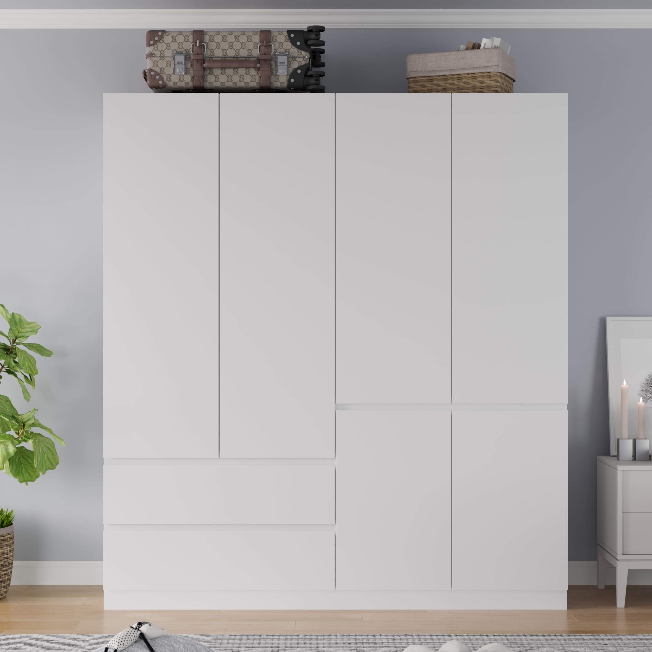 Mekminop Armoire Wardrobe Closet with Drawers and Doors, 4 Door 2 Drawers White Bedroom Armoires Wooden Wardrobe with Shelves and Hanging Rod, 20.39" D x 63" W x 78.74" H