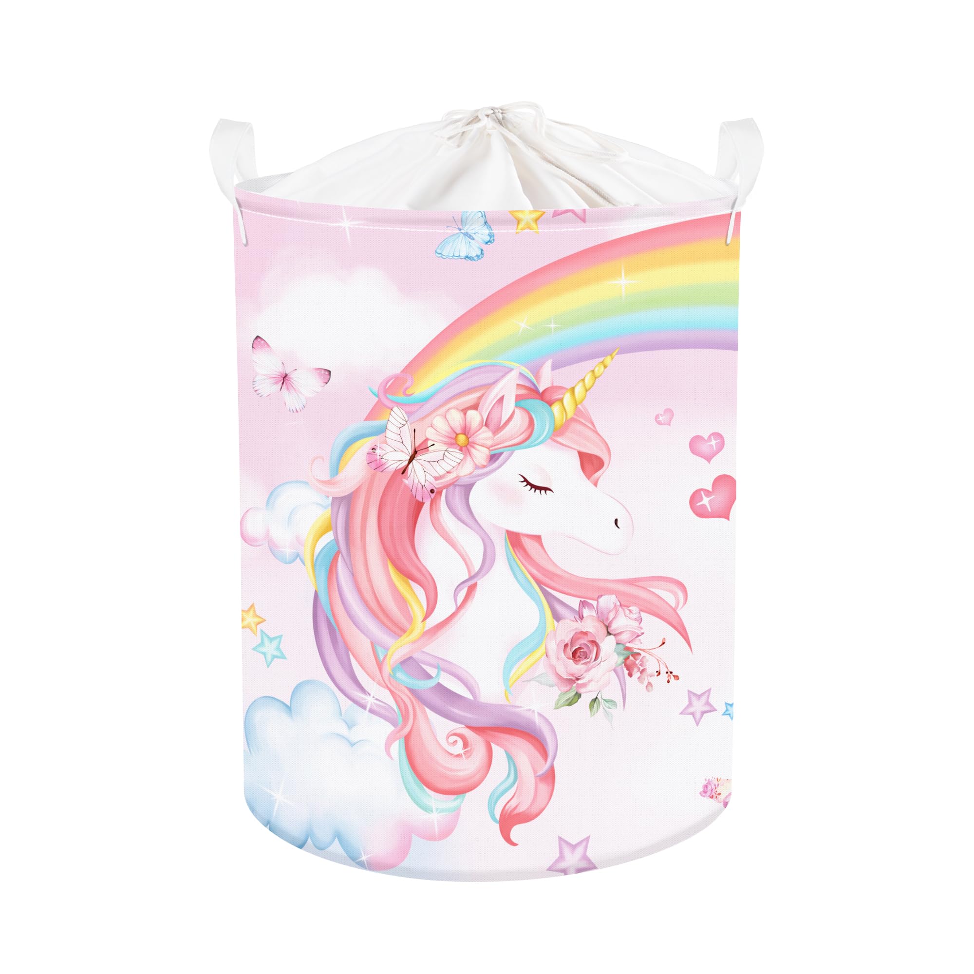 Clastyle Large Rainbow Unicorn Kid Laundry Hamper for Girl Collapsible Pink Flower Clothes Toy Storage Basket with Lid for Nursery