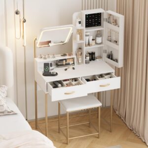 Fameill Vanity Desk with Mirror and Lights, White Makeup Table and Chair Set with 2 Storage Drawers&Cabinet&Shelves, Small Vanity Desk for Bedroom, 3 Lighting Mode