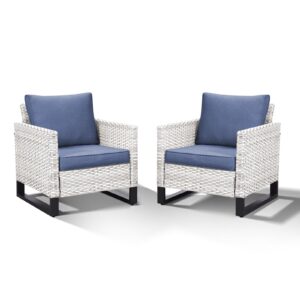 HUMMUH Outdoor Chairs PE Wicker Patio Dining Chairs Set of 2 Metal Frame Porch Chairs with 4 inch Seat Blue Cushions