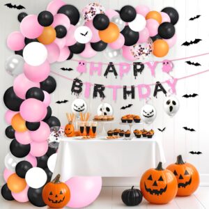 Halloween Pink Birthday Party Decorations Balloon Arch Foil Balloon Banner Bat Hanging Swirl for Halloween Happy Boo Day Baby Shower Party Supplies