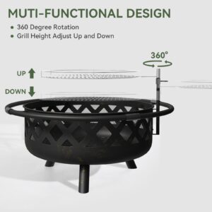 Aoxun Fire Pit, 42" Outdoor Wood Burning Fire Pit with Large Grill, BBQ Large Fire Table for Camping, Heating, Picnics