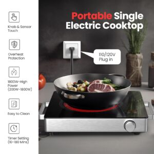 PAYISHO Hot Plate Electric Single Burner 1800W Portable Burner for Cooking with Adjustable Temperature & Stay Cool Handles, Stainless Steel, Cooker with Knob Control, Compatible for All Cookwares