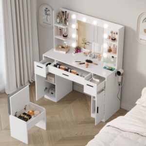 MECHYIN Vanity Desk, Make up Vanity Desk with Mirror and Lights, Vanity with Power Outlet and Stool, 3 Drawer 3 cabinets Storage Unit Dresser, Vanity with Lights 3 Models Settings for Bedroom (White)