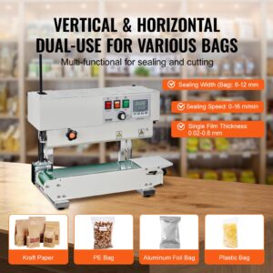 VEVOR Continuous Bag Band Sealing Machine, 0.24-0.47 in/6-12 mm Seal Width, Vertical Band Sealer Machine with Digital Temperature Control, Carbon Steel Bag Sealer for 0.02-0.8 mm Plastic Bags Films