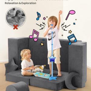 Modular Kids Play Couch, Kidirect K12 PRO DIY 400+ Creative Kids Couch for Playroom, Upgraded Play Couch Convertible Rocking Horse, Sectional Kids Sofa Couch with Star Moon for Kids and Toddlers(Grey)