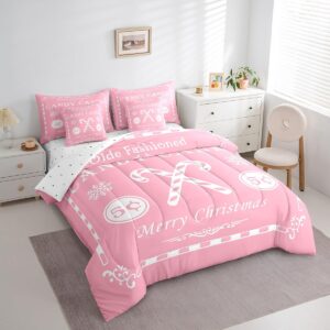 Feelyou Christmas Bedding Set 7 Pieces King Size Kids Christmas Quote Bedding Set Teens Candy Canes Print Comforter Set Xmas Pink White Bed in a Bag （Comforter, Sheets, Pillowcases & Cushion Covers）