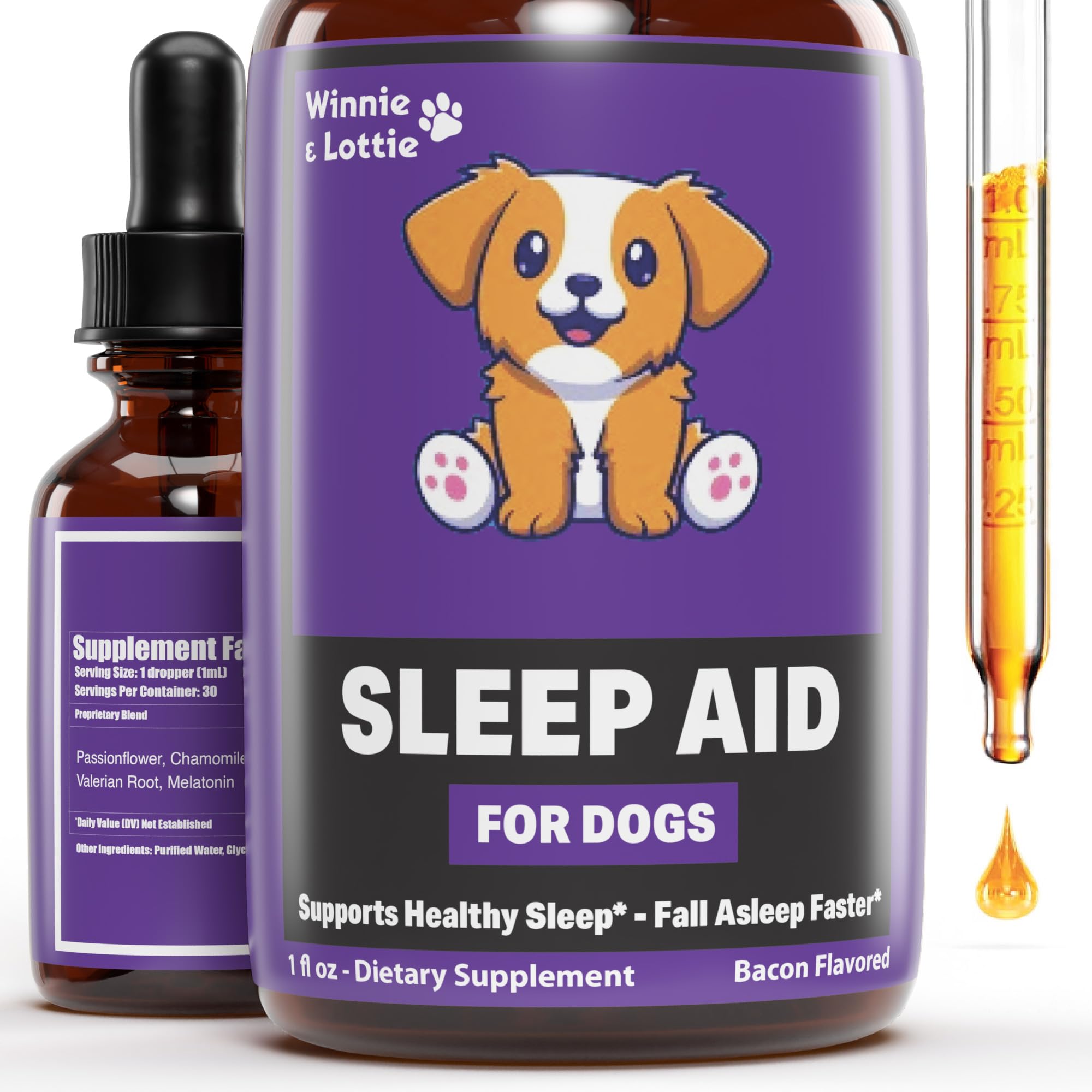 Winnie & Lottie Natural Dog Sleep Aid | Sleep Aid for Dogs | Dog Melatonin | Promotes Deep, Restful Sleep in Dogs | Melatonin for Dogs | Dog Anxiety Relief | Calming for Dogs | Dog Calming | 1 fl oz