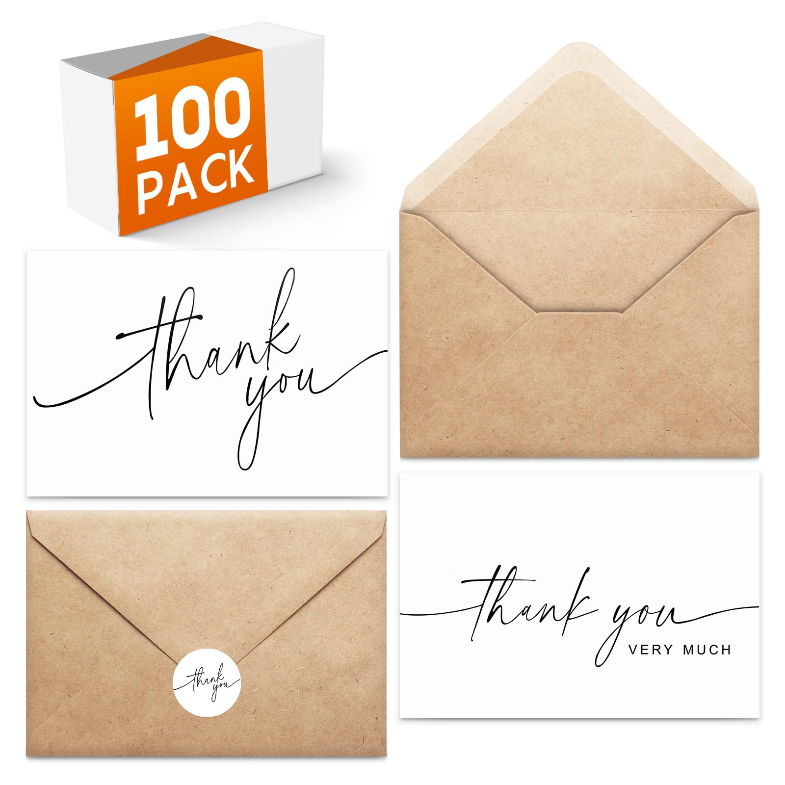 100 PACK Thank You Cards Bulk with Kraft Envelopes and Matching Stickers, 4x6 Inch Blank Greeting Cards Suitable for Small Business, Baby Shower Wedding, Graduation, Bridal Shower, Funeral, Engagement