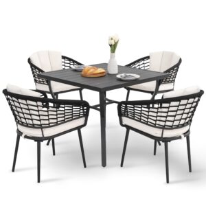 nuu garden 5 pieces outdoor dining sets with patio aluminium dining table and 4 wicker rattan chairs modern furniture cushions sets for backyard indoor decor kitchen,black and beige