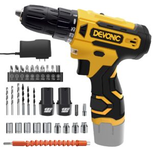 devonic cordless drill set,12v electric drill with lithium battery and charger,3/8"keyless chuck,25+1 torque setting and 28pcs drill screwdriver bits