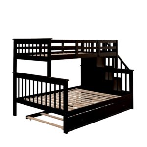 Harper & Bright Designs Twin Over Full Bunk Beds with Twin Size Trundle and Stairs, Wooden Bunk Bed with Storage & Guard Rail for Bedroom, Dorm, for Teens, Adults, Espresso