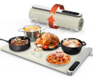 feppo food warming mat, upgrade high-tech graphene heating film, fast full surface electric warming tray with 6 level adjustable temperature and 6 hours timer, roll up food warmers for parties buffet