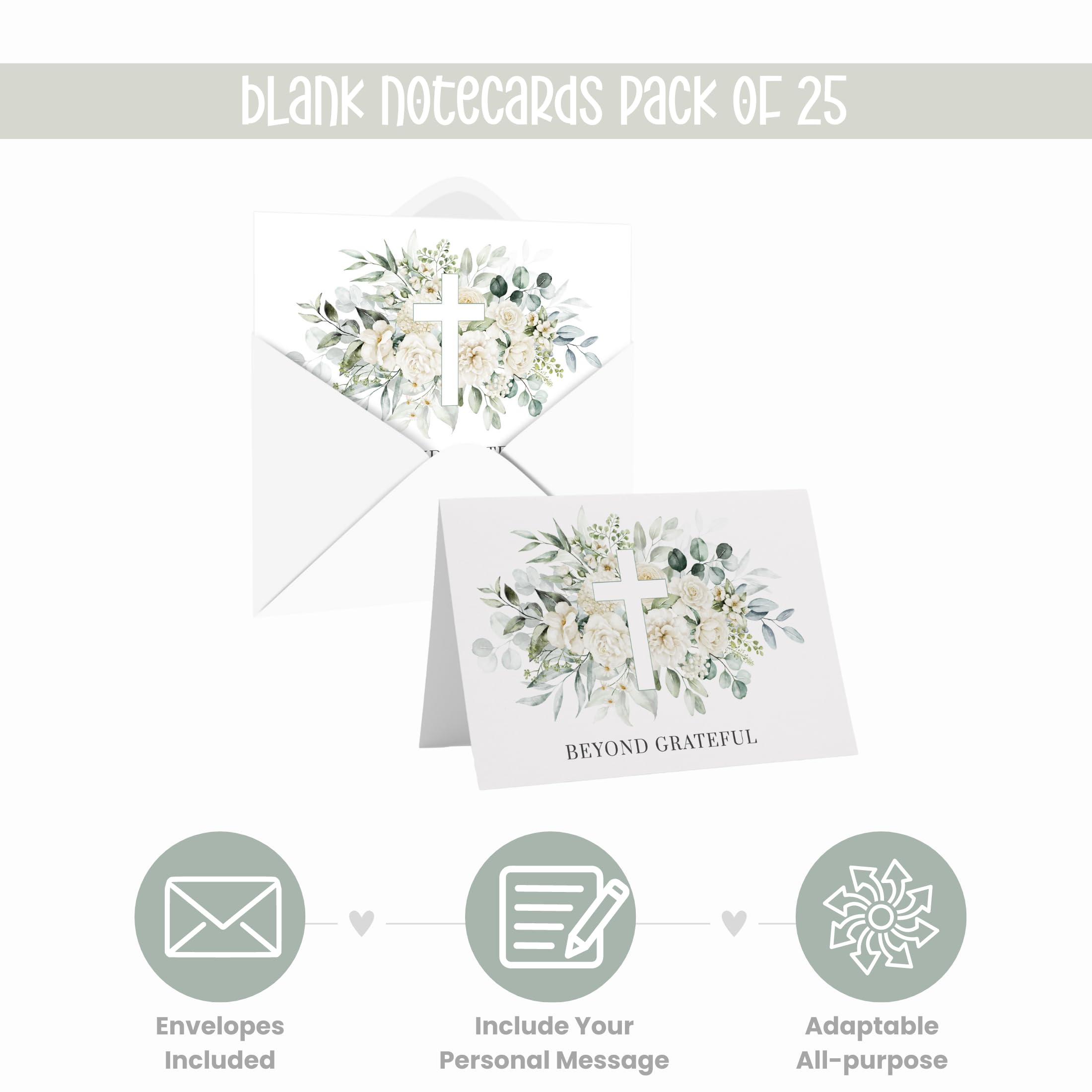 Rustic Elegance Thank You Cards with Envelopes (25 Pack) All Occasion Notecards Perfect for Baptism, Funeral, Religious Ceremonies, Sympathy - White Floral with Cross & Greenery Folded Stationery Set