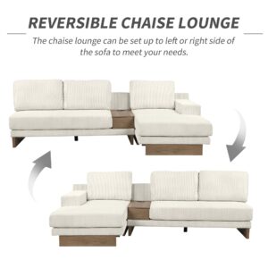 P PURLOVE L-Shaped Sectional Sofa with 2 USB Ports and 2 Power Sockets, Corduroy Couch with a Storage Drawer and a Reversible Chaise Lounge for Living Room (Beige)