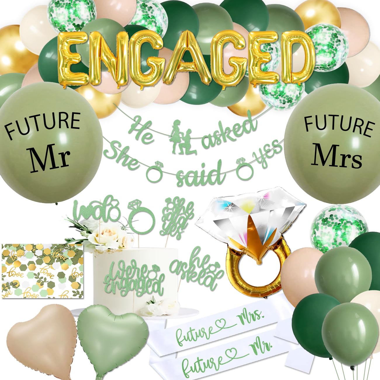 Sage Green Engagement Party Decorations, She Said Yes Decorations Banner Future Mr and Mrs Balloons for Just Engaged Decor, Sage Green Balloons for Bridal Shower Decorations