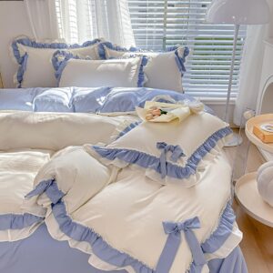 generic princess lace ruffles 4-piece, bow bedding set, chic ruffled duvet cover with lovely bow, princess style 1 duvet cover with 2 pillowcases, 1 bed sheet, with zipper closure,blue,full