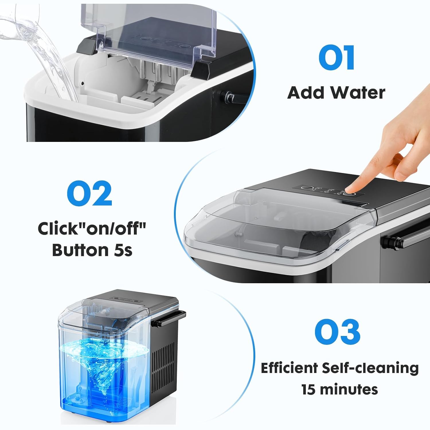 Countertop Ice Maker, Portable Self-Cleaning Ice Machine with Handle, 9 Cubes in Only 6 Minutes, 26.5lbs Per Day, Ideal for Home, Kitchen, Camping (Black)