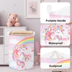 Clastyle Large Rainbow Unicorn Kid Laundry Hamper for Girl Collapsible Pink Flower Clothes Toy Storage Basket with Lid for Nursery