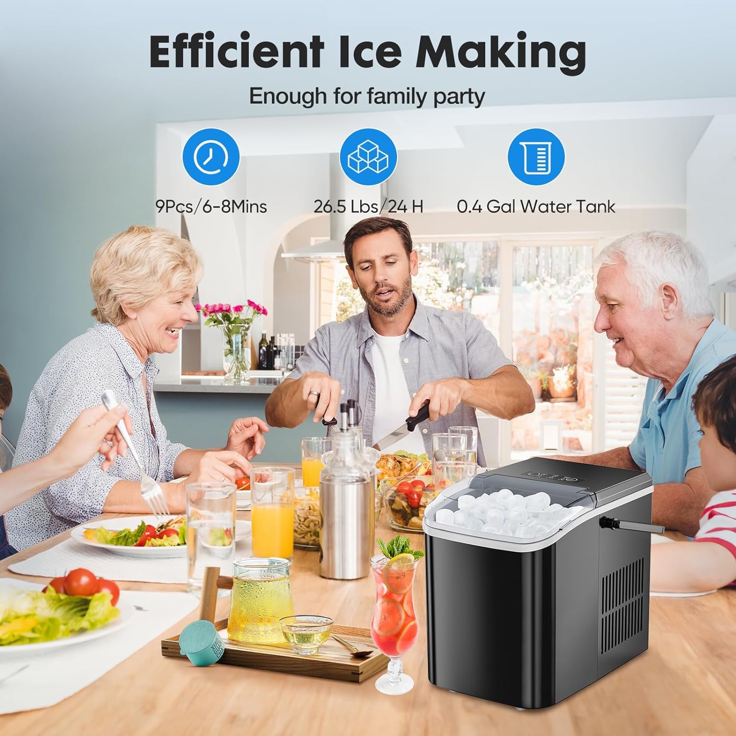 Countertop Ice Maker, Portable Self-Cleaning Ice Machine with Handle, 9 Cubes in Only 6 Minutes, 26.5lbs Per Day, Ideal for Home, Kitchen, Camping (Black)