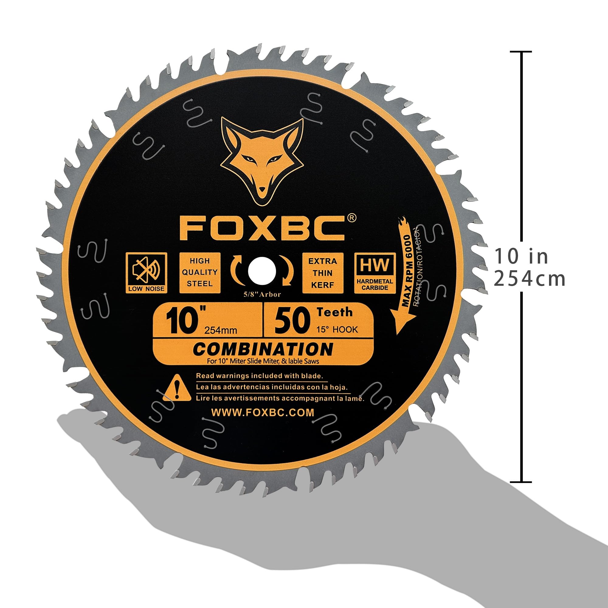 FOXBC 10 Inch Combination Saw Blade, 50-Tooth, Wood Cutting, 5/8-Inch Arbor