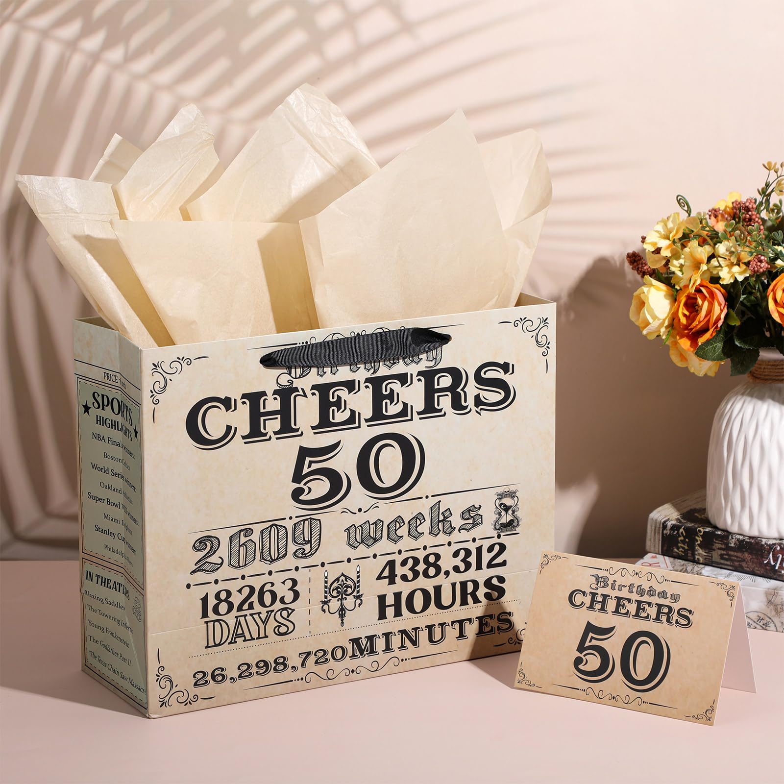 HHUIYUN 50th Birthday Gift Bag, Vintage 1974 Gift Bag with 50th Birthday Card and 50th Birthday Tissue Wrapping Paper, 50th Birthday Gifts for Him Her Husband Wife Mom Dad, 50 Birthday Party Supplies