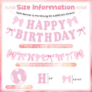 Bow Happy Birthday Banner Garland, Pre-Strung Pink Coquette Bow Birthday Banner for Girls Bow Birthday Party Decorations, Coquette Birthday Decortions, Bow Party Decorations