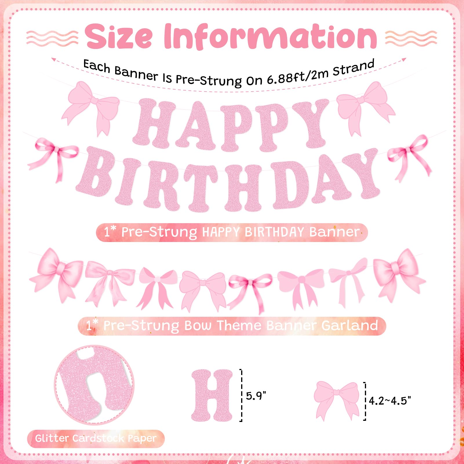 Bow Happy Birthday Banner Garland, Pre-Strung Pink Coquette Bow Birthday Banner for Girls Bow Birthday Party Decorations, Coquette Birthday Decortions, Bow Party Decorations