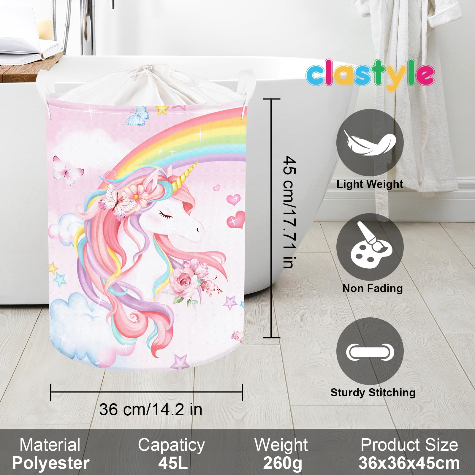 Clastyle Large Rainbow Unicorn Kid Laundry Hamper for Girl Collapsible Pink Flower Clothes Toy Storage Basket with Lid for Nursery