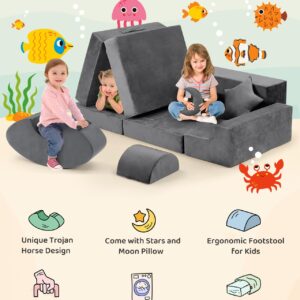 Modular Kids Play Couch, Kidirect K12 PRO DIY 400+ Creative Kids Couch for Playroom, Upgraded Play Couch Convertible Rocking Horse, Sectional Kids Sofa Couch with Star Moon for Kids and Toddlers(Grey)