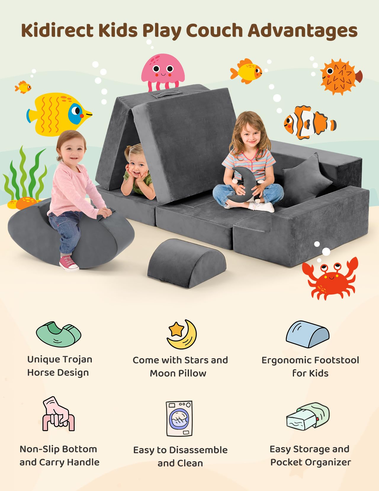 Modular Kids Play Couch, Kidirect K12 PRO DIY 400+ Creative Kids Couch for Playroom, Upgraded Play Couch Convertible Rocking Horse, Sectional Kids Sofa Couch with Star Moon for Kids and Toddlers(Grey)