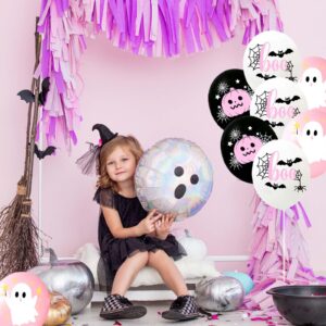 Happy Halloween Balloons, Halloween Pink White and Black Latex Balloons with Cute Ghost, Pink Pumpkin, Black Bat Designs for Halloween Party Favors, Baby Shower, Halloween Birthday Party Decorations