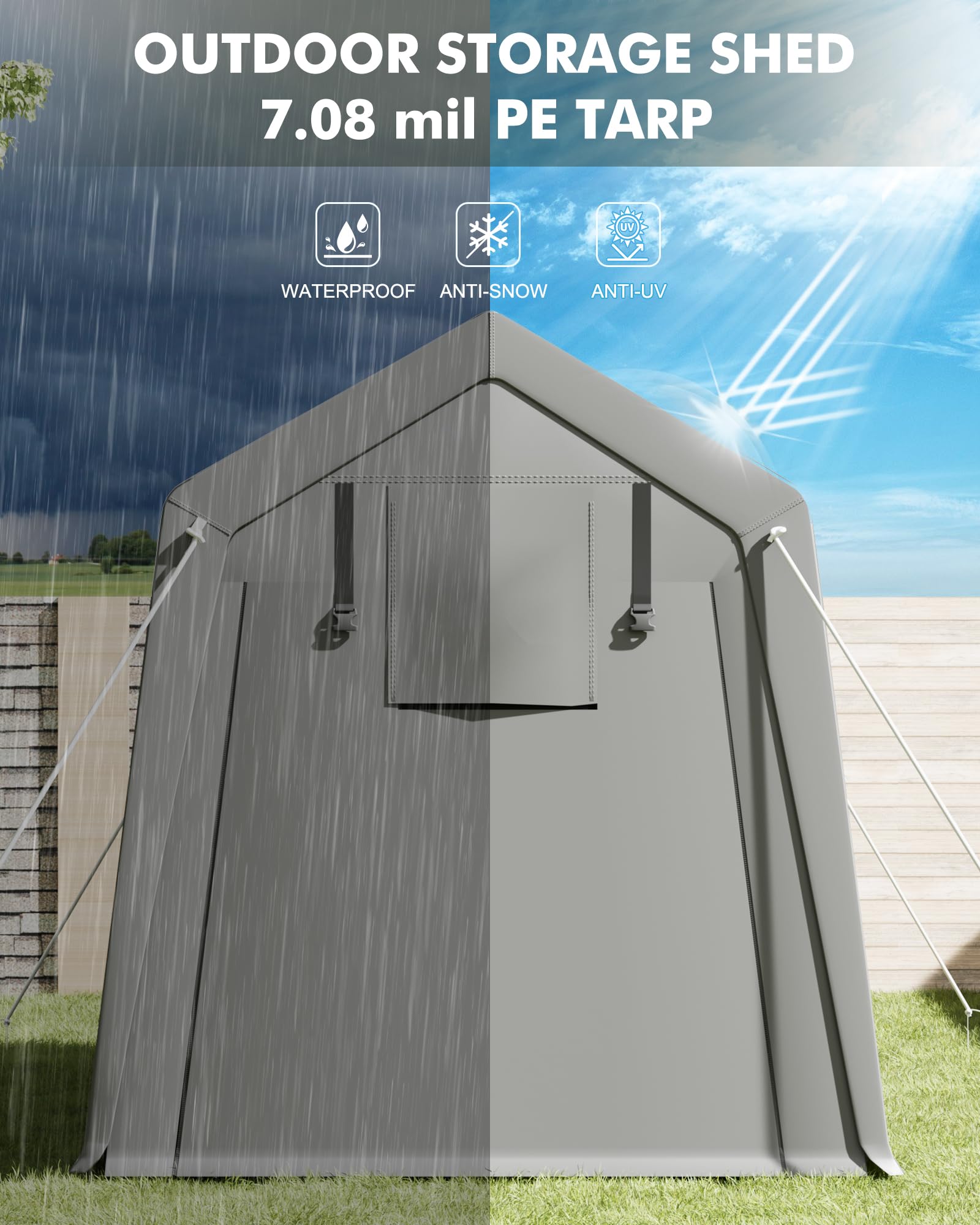 VORTEXTOVE Motorcycle Storage Sheds 7x15 FT, Portable Shed with Rolled up Zipper Door, Waterproof, Storage Tent Heavy Duty for Motorcycle, Bike, Firewood, Garden Tools, Grey