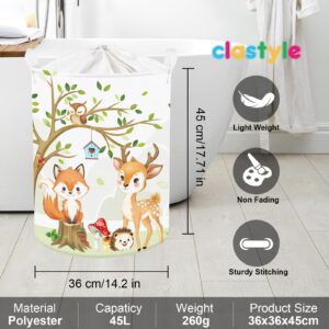 Clastyle 45L Large Forest Animal Kid Laundry Hamper with Handle for Boy Girl Collapsible White Fox Clothes Toy Storage Basket with Lid for Nursery