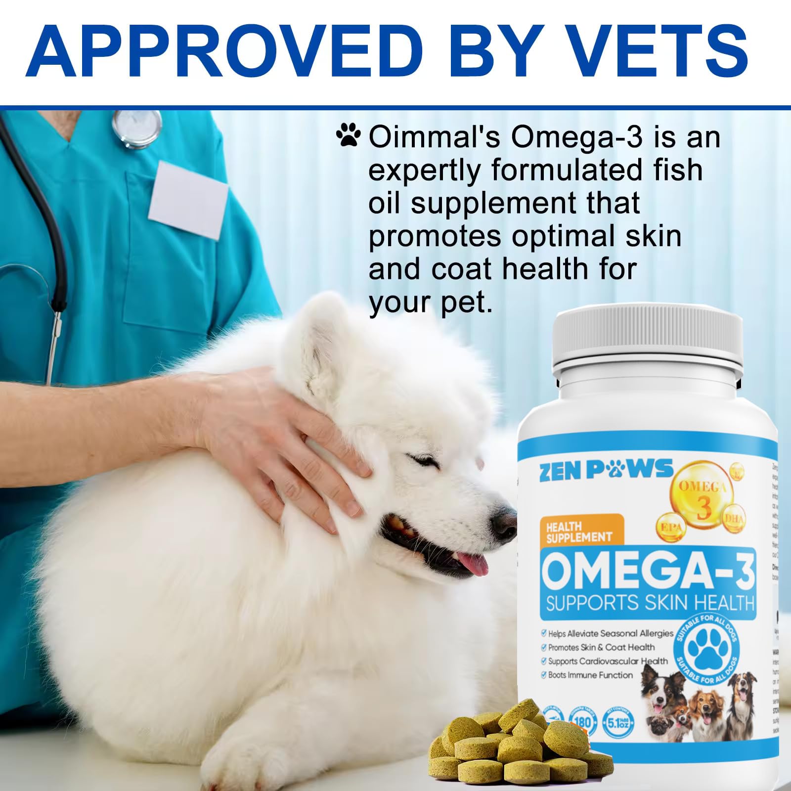 Omega 3 Fish Oil for Dogs - 180 Count Tablet Treats – Helps Shedding, Skin Allergy, Itch and Dry Skin Relief, Hot Spots - Joint Health - Skin and Coat Supplement - Salmon Oil - Duck Flavor