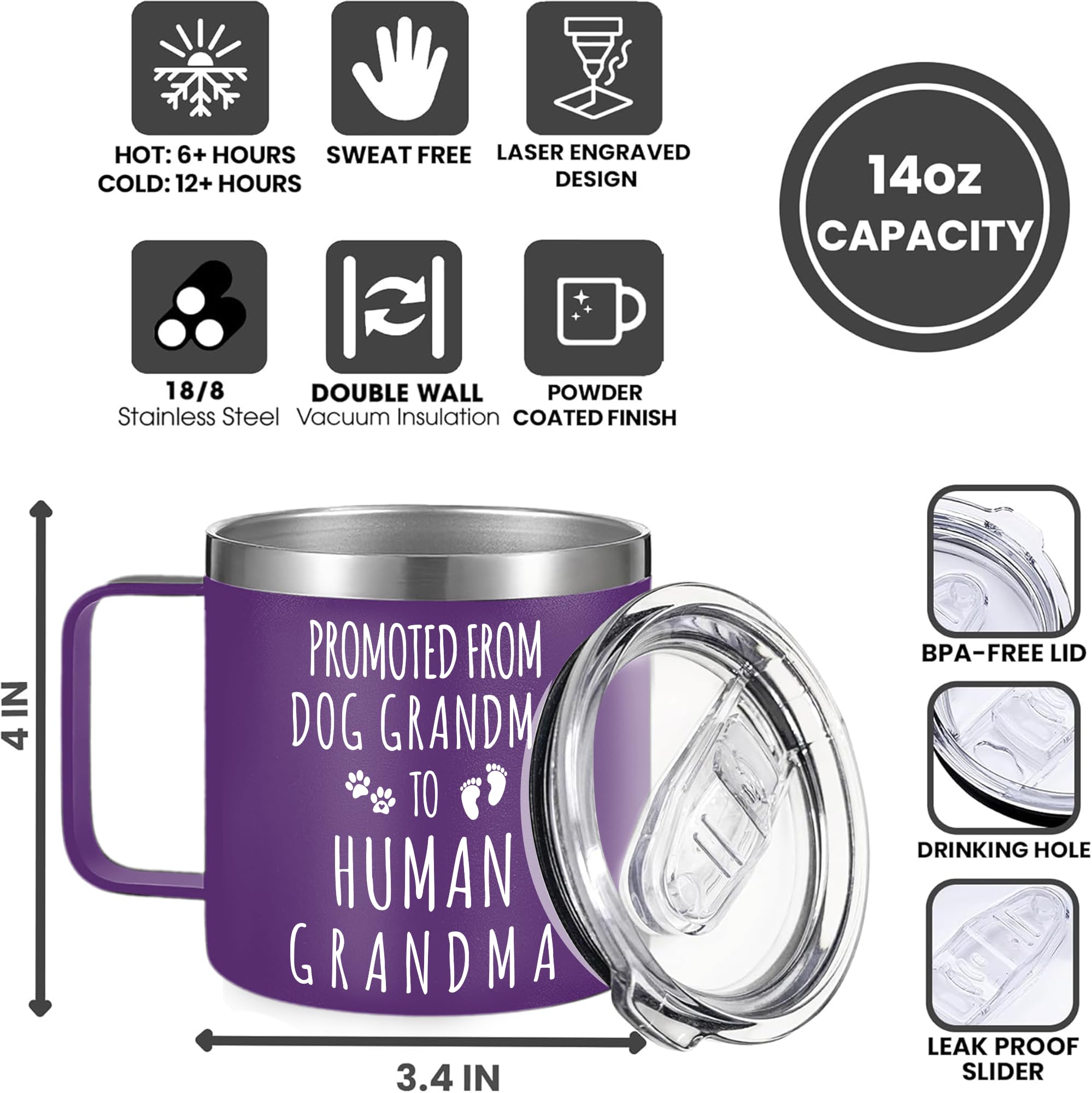 Gossby 14oz Grandma Cup Tumbler - Promoted from Dog Grandma to Human Grandma - Christmas Gift for New Grandma, First time Grandma, Soon to be Grandma - Grandma Baby Announcement Gift