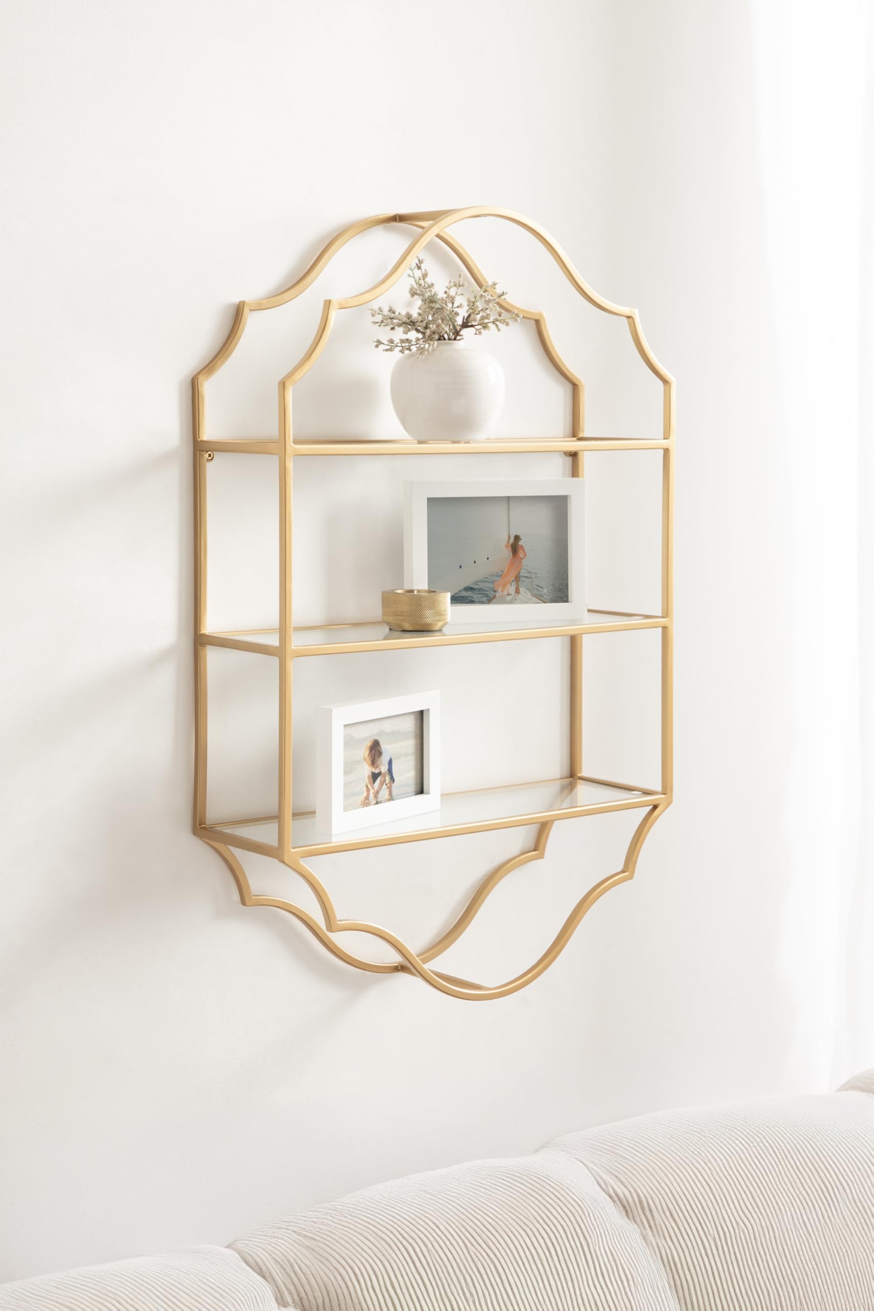 Kate and Laurel Leanna Scalloped Three-Tiered Wall Shelf, 20 x 32, Gold, Decorative Floating Shelf Storage and Wall Organizer for Bathroom Over Toilet Storage or Display