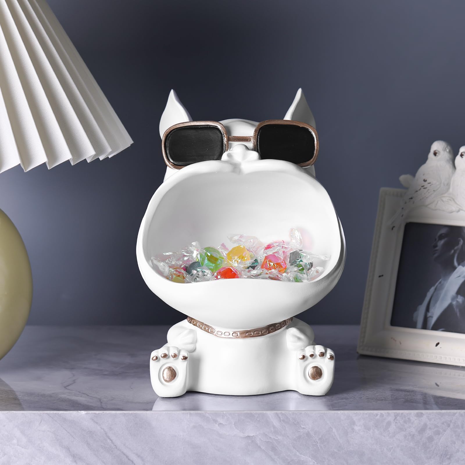 GAOSHENG White Candy Bowl, French Bulldog Statue, Key Bowl for Entryway Table,Cute Key Holder,Candy Dish, Key Holder Bowl,Office Desk,Home Decor Figurines Entryway Table Decor