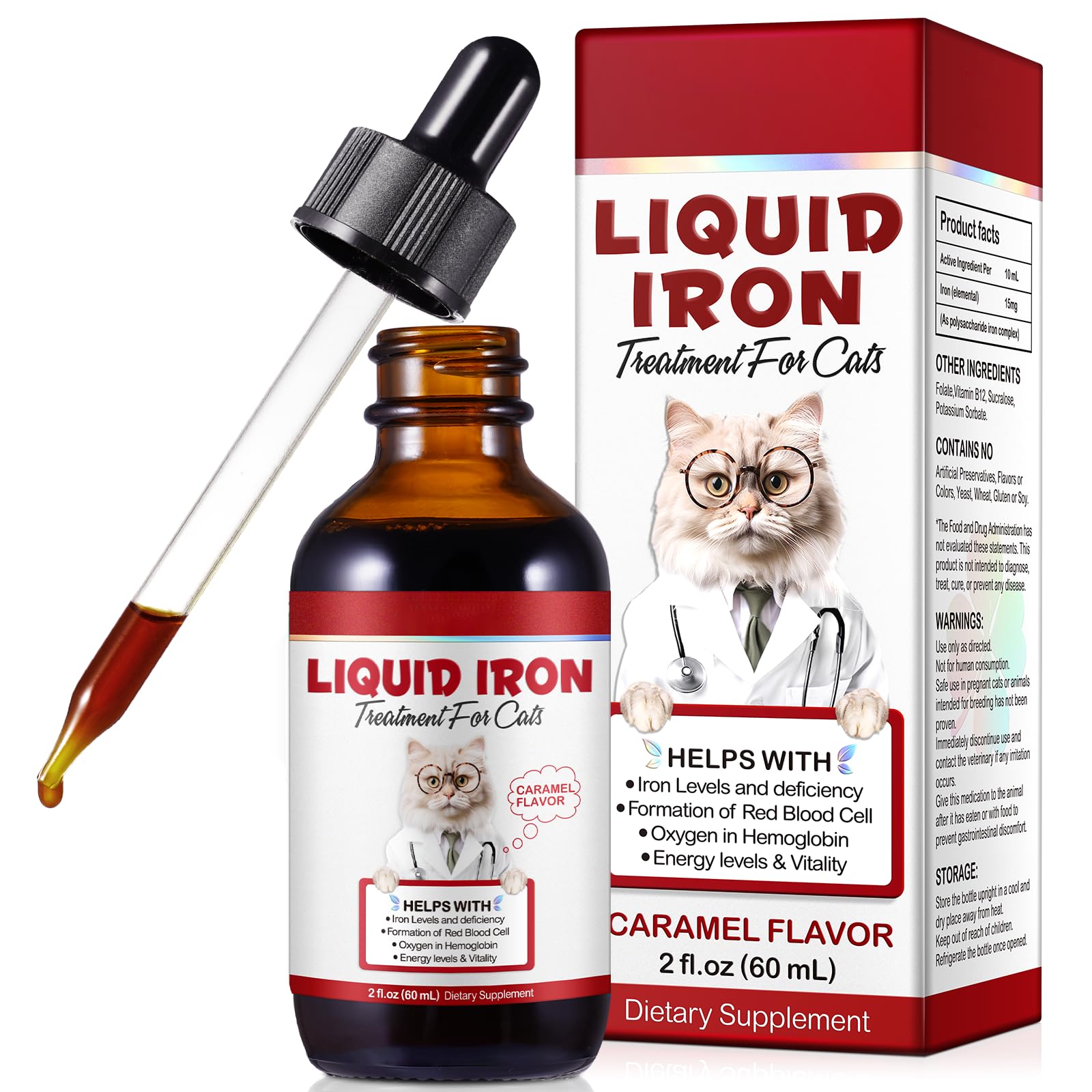 Iron Supplements for Cats, 60ML Liquid Iron with Folate and B12 Supports Anemia, Low Enery Levels and Lethargy, Promotes Red Blood Cell Formation and Blood Health